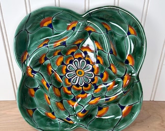 Signed Mexican Sectioned Dish, Hand-Painted Floral Design
