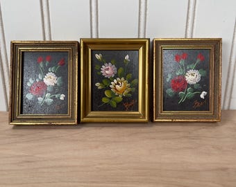 Vintage Floral Mini Paintings Set – Hand-Painted Spain, Framed Art