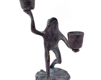 Vintage Frog Candle Holder – Bronze Finish Metal Toad Sculpture – Dual Taper Holder with Lily Pad Base – Whimsical 6&quot; Art Decor
