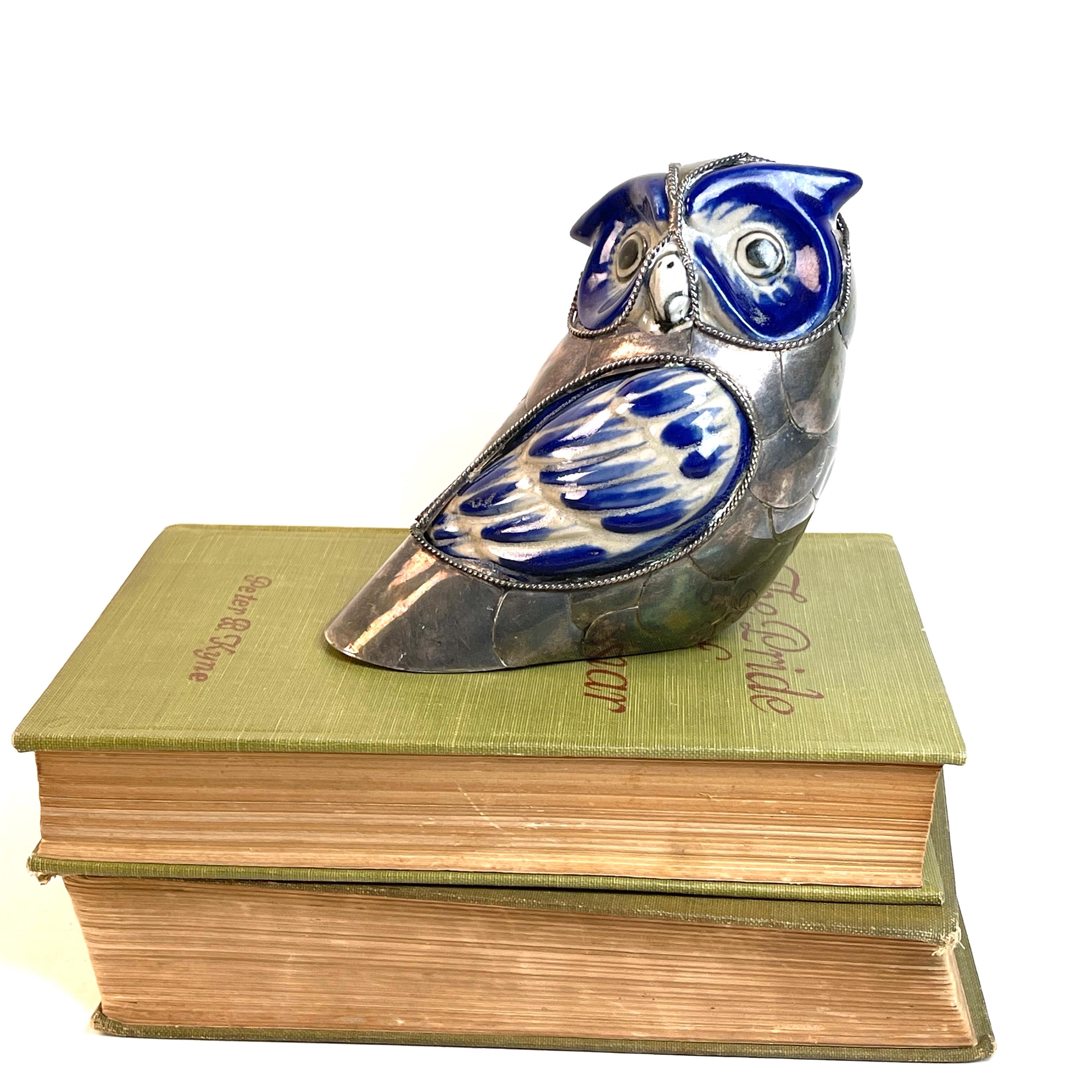 Vintage Silver-Tone Tonala Ceramic Owl Figurine – Mid-Century Style Collectible Bird Statue wi