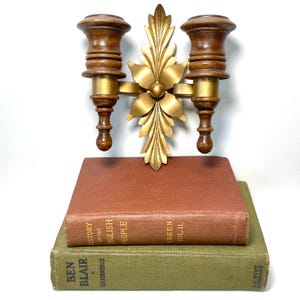 Vintage Brass & Teak Wood Wall Sconce - Hollywood Regency Candle Holder