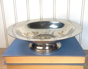 Vintage Silver Plated Pedestal Bowl – Brass Floral Inlay Centerpiece, Hollywood Regency Decor