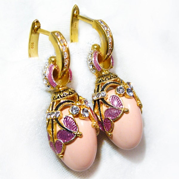 PINK CORAL 925 STERLING Silver Guilloché Rose Enamel Faberge Egg Earrings, Premium Crystals, Gold-plate, Silver Hoops w/cz, Gift for Her