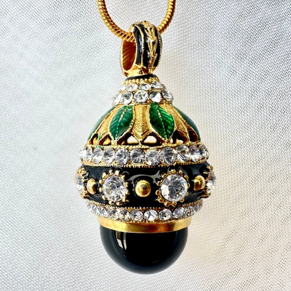 BLACK ONYX STERLING Silver Necklace Faberge Egg Pendant, Premium Crystals, Enamel, Gold Plate, 24-inch Chain, Gift Jewelry for Woman