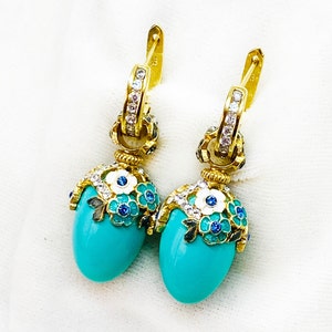 ENAMEL FLOWERS TURQUOISE 925 Sterling Silver Art Deco Faberge Egg Earrings, Premium Crystals, Gold-plate, Silver Hoops w/cz, Gift for Her