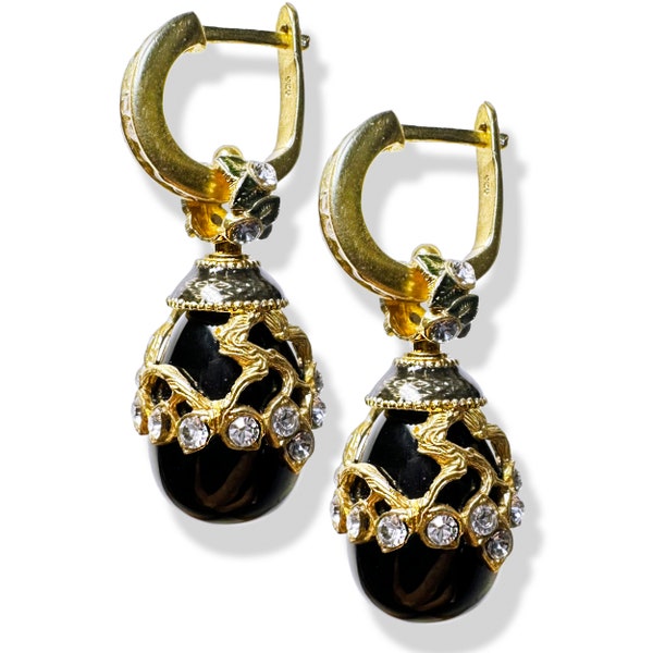 BLACK ONYX 925 STERLING Silver Art Deco Faberge Egg Earrings, Premium Crystals, Gold-plate, Enamel, Silver Hoops w/cz, Gift for Woman Her