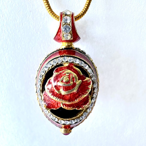 RED ROSE VALENTINE Guilloché Enamel Sterling Silver Faberge Egg Pendant, Genuine Garnet, Premium Crystal, Gold-plate, 24"Chain, Gift for Her