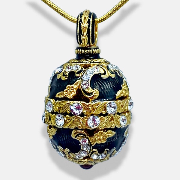 STERLING SILVER Black Guilloché Enamel Faberge Victorian Egg Pendant, Premium Crystals, Genuine Garnet, Gold-plate, 24" Chain, Gift for Her