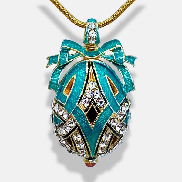 ART DECO TURQUOISE Guilloché Enamel Sterling Silver Necklace Faberge Egg Pendant, Premium Crystals, Gold-plate, Genuine Garnet, Gift for Her