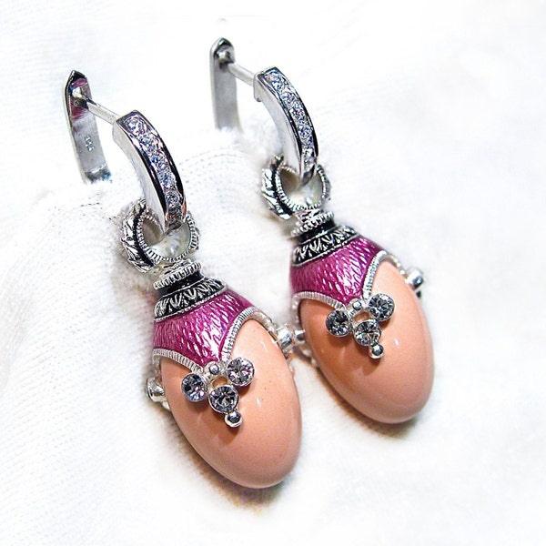 PINK CORAL 925 STERLING Silver Guilloché Lilac Enamel Faberge Style Egg Earrings, Premium Crystals, Silver Hoop w/cz, Gift Jewelry for Her