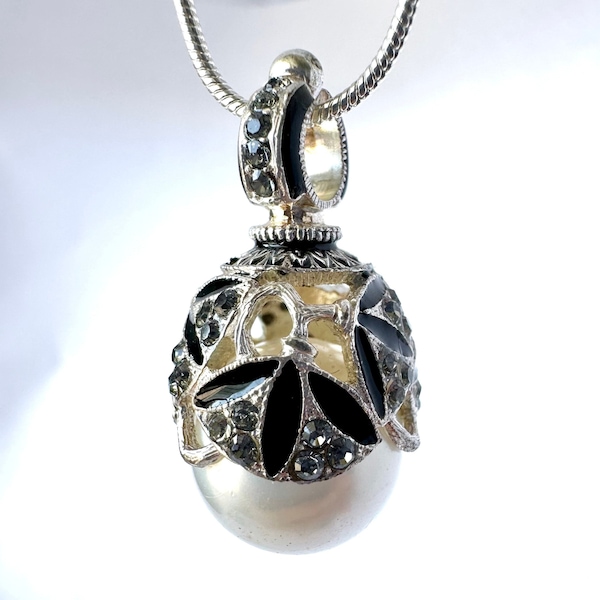 STERLING SILVER WHITE Pearl Faberge Art Deco Egg Pendant, Black Diamond Premium Crystals, Black Enamel, 24"Chain, Birthday Gift for Her