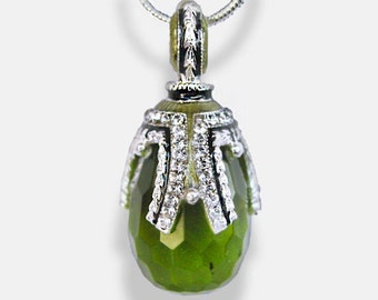 STERLING SILVER PERIDOT Necklace Green Guilloché Enamel Faberge Art Deco Style Egg Pendant, Premium Crystals, 24-inch Chain, Gift for Her
