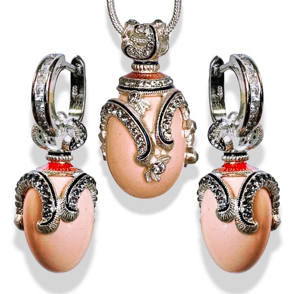 PINK CORAL 925 STERLING Jewelry Set Victorian Style Faberge Egg Pendant/Earrings, Premium Crystals, Enamel, Silver Hoops w/cz, Gift for Her