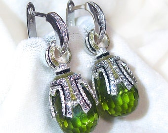 925 STERLING SILVER PERIDOT Faberge Art Deco Style Egg Earrings, Enamel, Premium Crystals, Silver Hoops w/cz, Birthday Gift for Her