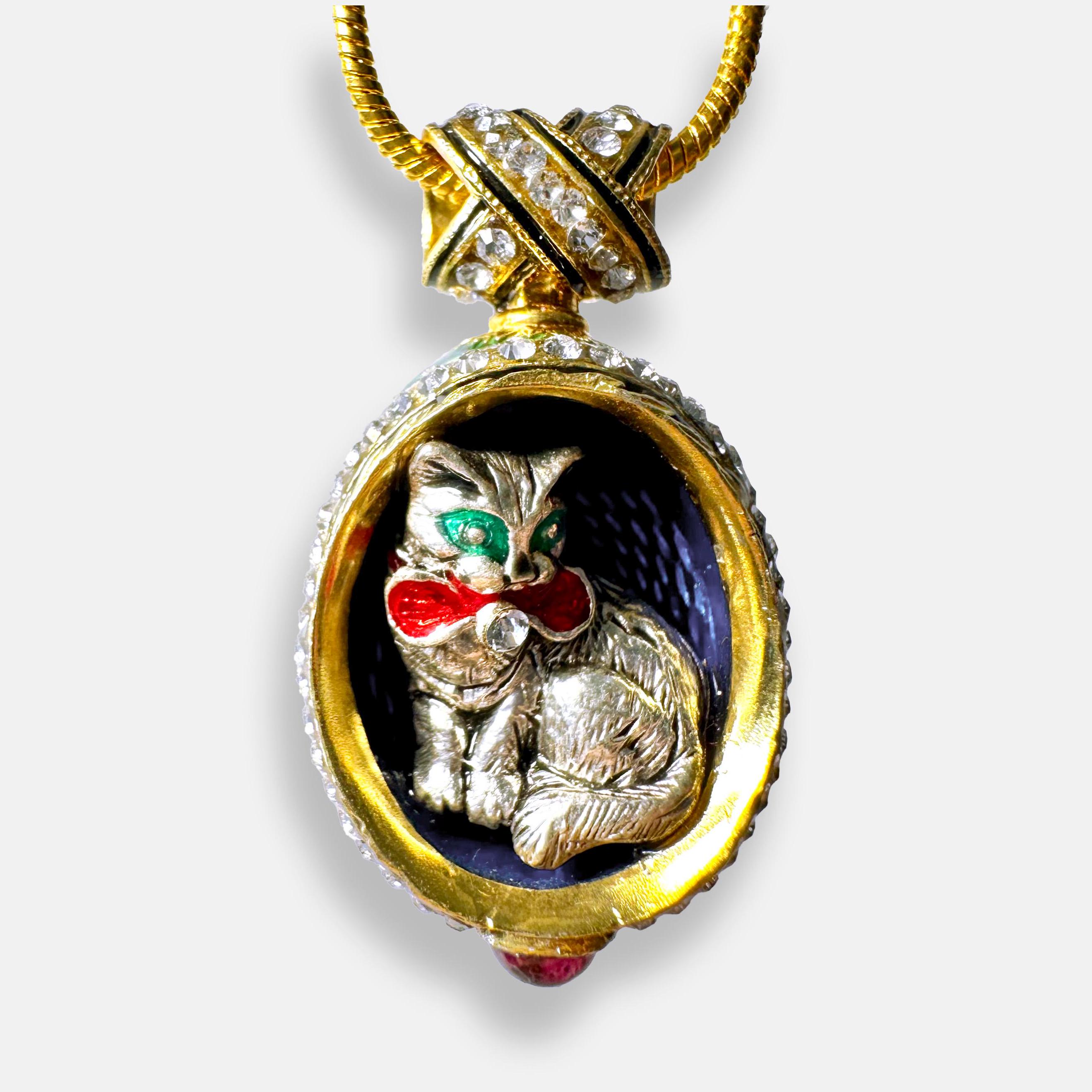 Pendentif Chat Style Oeuf Fabergé – Médaillon Portrait Strass Bleu – Fantaisie Femme