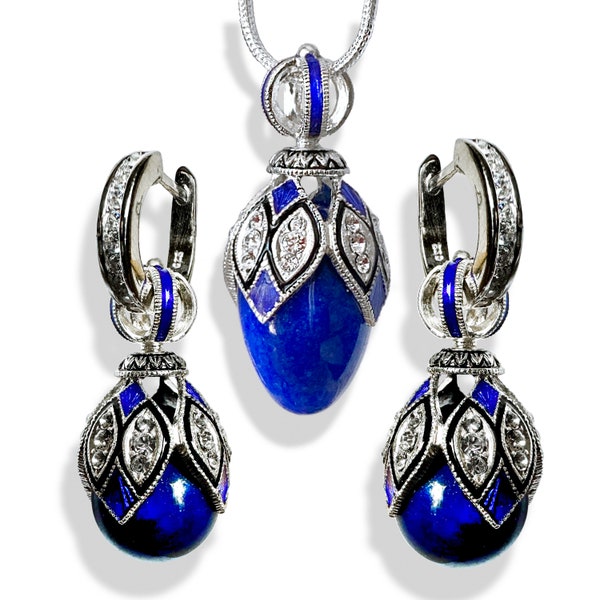 BLUE LAPIS 925 STERLING Silver Jewelry Set Faberge Art Deco Egg Pendant/Earrings, Premium Crystals, Enamel, Silver Hoops with cz, 24"Chain