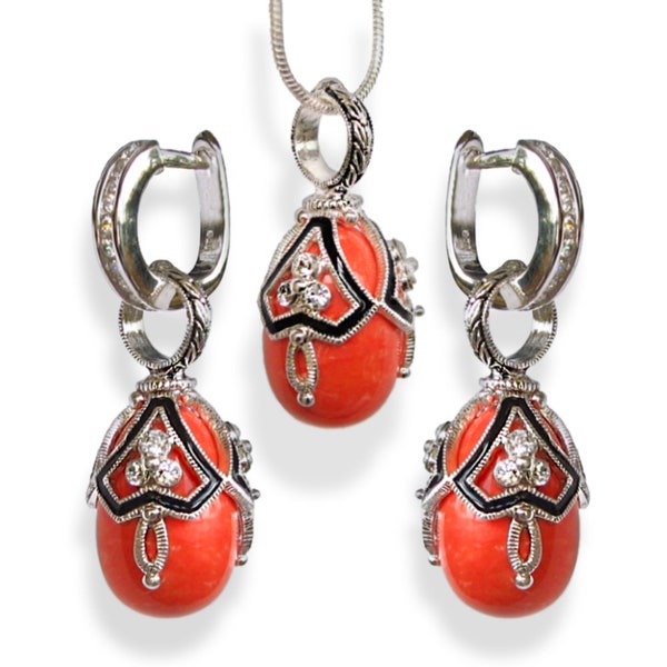 925 STERLING SILVER CORAL Jewelry Set of Faberge Egg Pendant/Earrings, Premium Crystals, Enamel, Silver Hoops w/cz, 24"Chain, Gift for Her