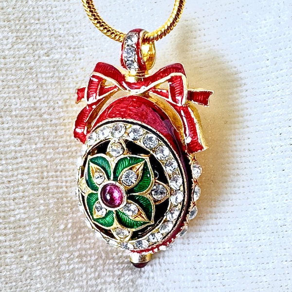 NECKLACE "FAIRY FLOWER" Red Guilloché Enamel Faberge Egg Pendant, Sterling Silver, Genuine Garnets, Premium Crystals, Gold-plate, 24" Chain