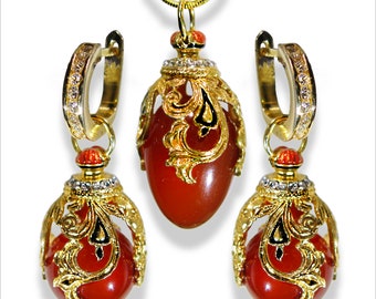 CARNELIAN 925 STERLING SiILVER Juego de joyas Colgante/pendientes barrocos de huevo de Fabergé, cristales, esmalte, placa de oro, aro de plata con cz, cadena de 24"