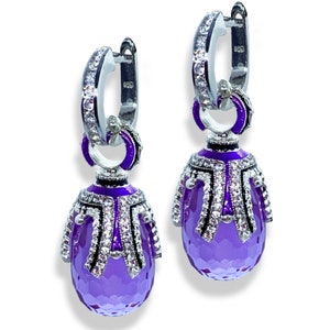 925 STERLING SILVER AMETHYST Faberge Art Deco Style Egg Earrings, Purple Enamel, Premium Crystals, Silver Hoops with cz, Birthstone Gift
