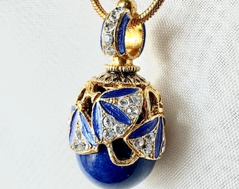 STERLING SILVER BLUE Lapis Faberge Art Deco Style Egg Pendant, Premium Crystals, Enamel, Gold-plate, 24-inch Chain, Birthday Gift for Her