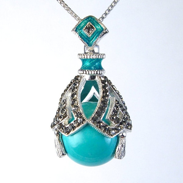 STERLING SILVER TURQUOISE Faberge Art Deco Egg Pendant, Black Diamond Premium Crystals, Enamel, 24" Chain, Birthstone Gift Jewelry for Her