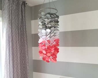 Baby mobile in gray, white and coral. Girls room Nursery. Decoration for children's rooms. Decorative paper mobile.