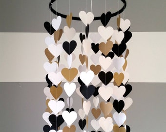 Heart shape paper mobile. Black,white and gold. Baby room decoration. Wedding decoration. home decoration. Child, baby decor