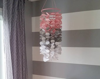 Baby mobile in soft pink, light gray and white - Paper hanging mobile - Girls nursery decoration