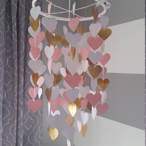 Heart shape paper mobile. Pink,white and gold. Baby room decoration. Wedding decoration. home decoration. Child, baby decor image 4