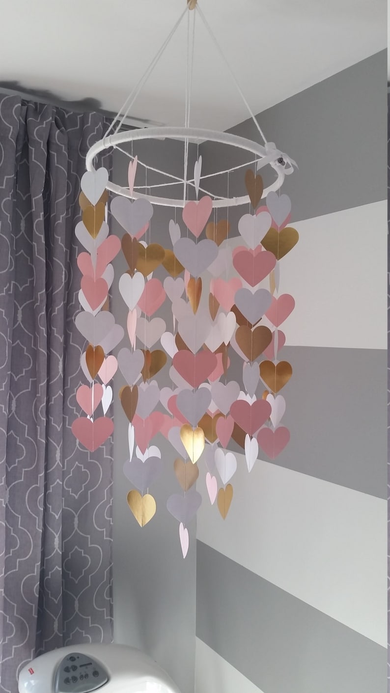 Heart shape paper mobile. Pink,white and gold. Baby room decoration. Wedding decoration. home decoration. Child, baby decor image 4