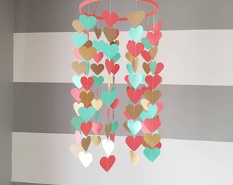 Heart shape paper mobile. Aqua, coral and gold.Nursery decoration. Wedding decoration. Baby shower. Child valentine decoration