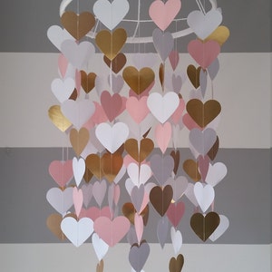 Heart shape paper mobile. Pink,white and gold. Baby room decoration. Wedding decoration. home decoration. Child, baby decor image 5