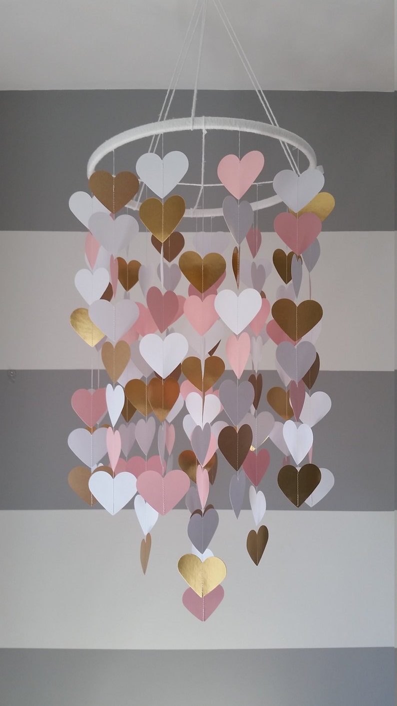 Heart shape paper mobile. Pink,white and gold. Baby room decoration. Wedding decoration. home decoration. Child, baby decor image 5