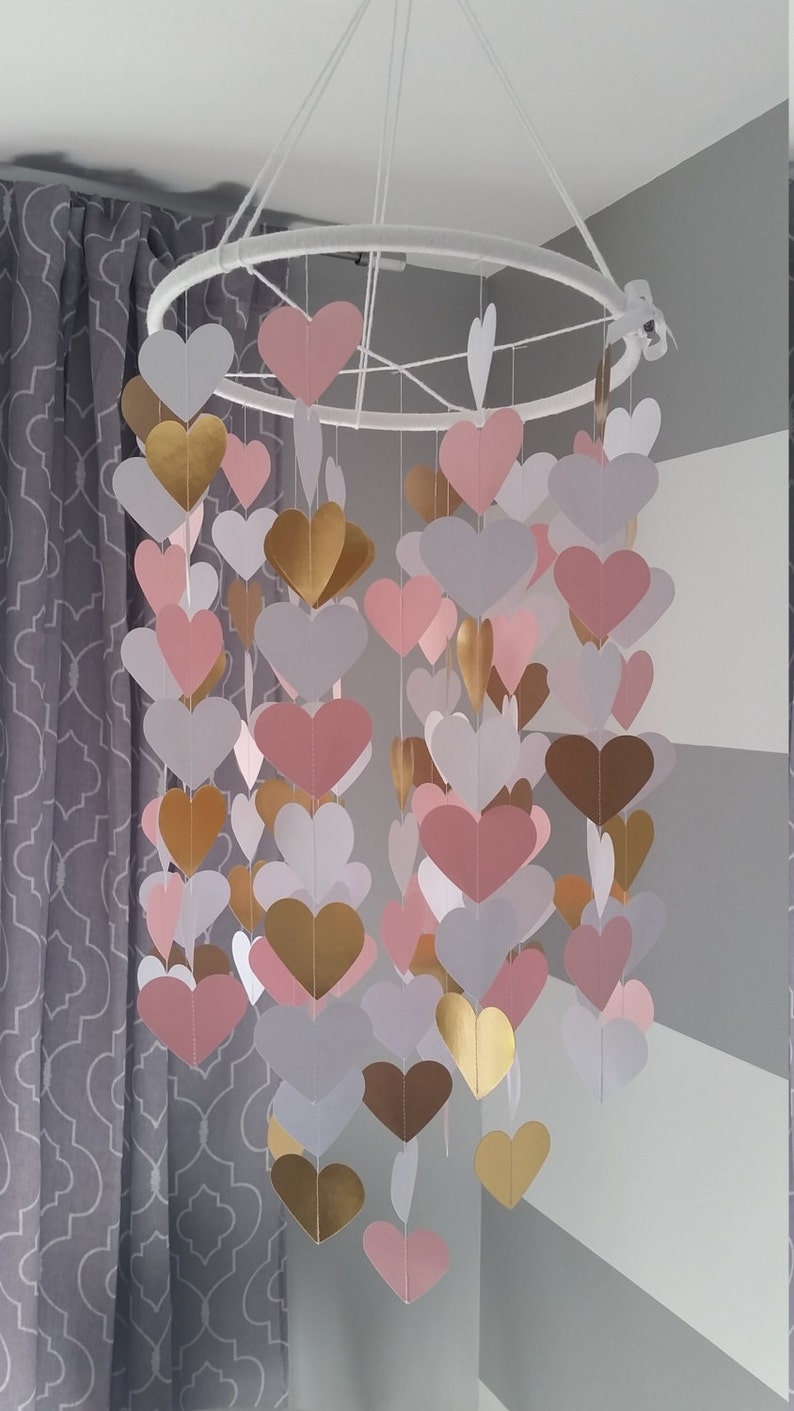 Heart shape paper mobile. Pink,white and gold. Baby room decoration. Wedding decoration. home decoration. Child, baby decor image 3