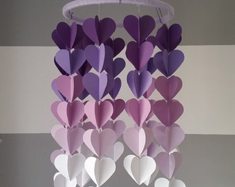 3D Heart Mobile in a purple ombre. Nursery decor. Baby girl nursery mobile. Baby shower gift. Paper mobile.