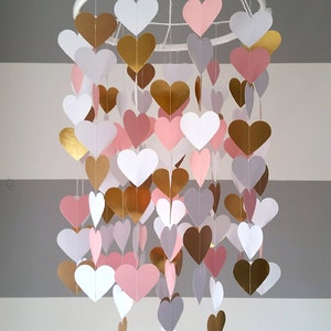 Heart shape paper mobile. Pink,white and gold. Baby room decoration. Wedding decoration. home decoration. Child, baby decor image 1