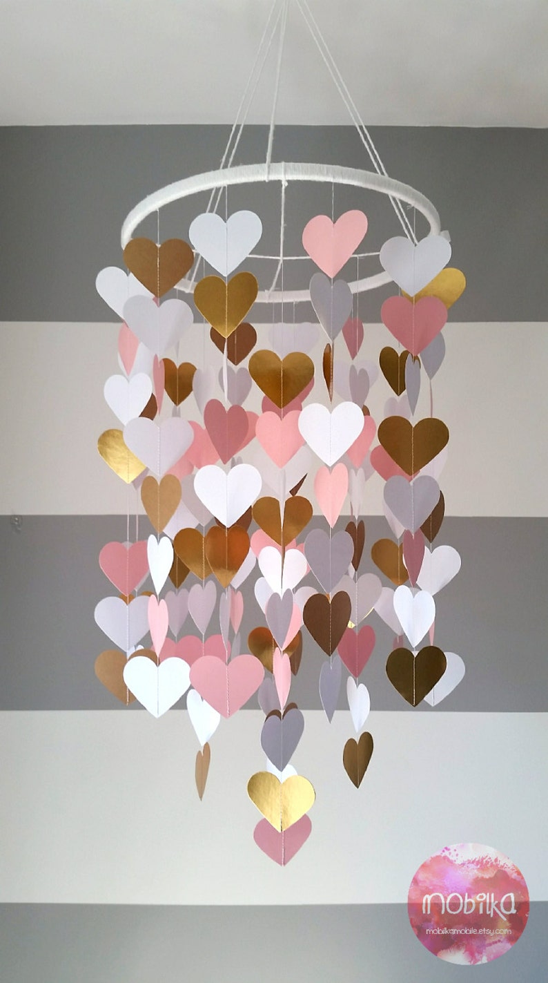 Heart shape paper mobile. Pink,white and gold. Baby room decoration. Wedding decoration. home decoration. Child, baby decor image 1