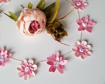 Pink paper flowers Garland. Feminine decoration. Boho bedroom.