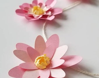 Paper flowers Garland pink with yellow Center. Feminine decoration. Boho bedroom.