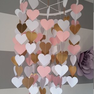 Heart shape paper mobile. Pink,white and gold. Baby room decoration. Wedding decoration. home decoration. Child, baby decor image 2