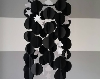 3D Paper mobile minimalist monochrome black with white clouds and stars. Children's room decoration. Unisex Nursery decoration. Boy or girl