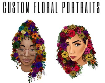 Custom Floral Goddess Portraits - Digital Art - Digital Product ONLY - Portrait Drawing with Flower Hair