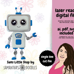 May include: A digital file for laser cutting a single line design of a cute robot with blue and white details. The file includes AI, PDF, and SVG formats and is for commercial use for small businesses. The design is by Samantha's Doodles.