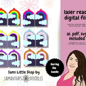 May include: A digital file bundle of earring designs featuring rainbows and clouds in various colors. The file types included are AI, PDF, and SVG. The text "laser ready digital file" and "Sams Little Shop by SAMANTHA'S DOODLES" is also included in the image.