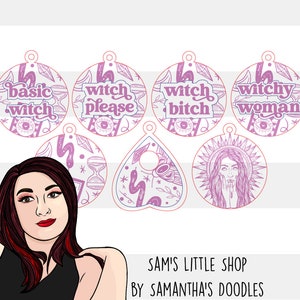 May include: Set of six purple and white round and heart-shaped acrylic charms with various witchy sayings, including "basic witch", "witch please", "witch bitch", "witchy woman", and a heart-shaped charm with a witchy design. The charms are on a white background.