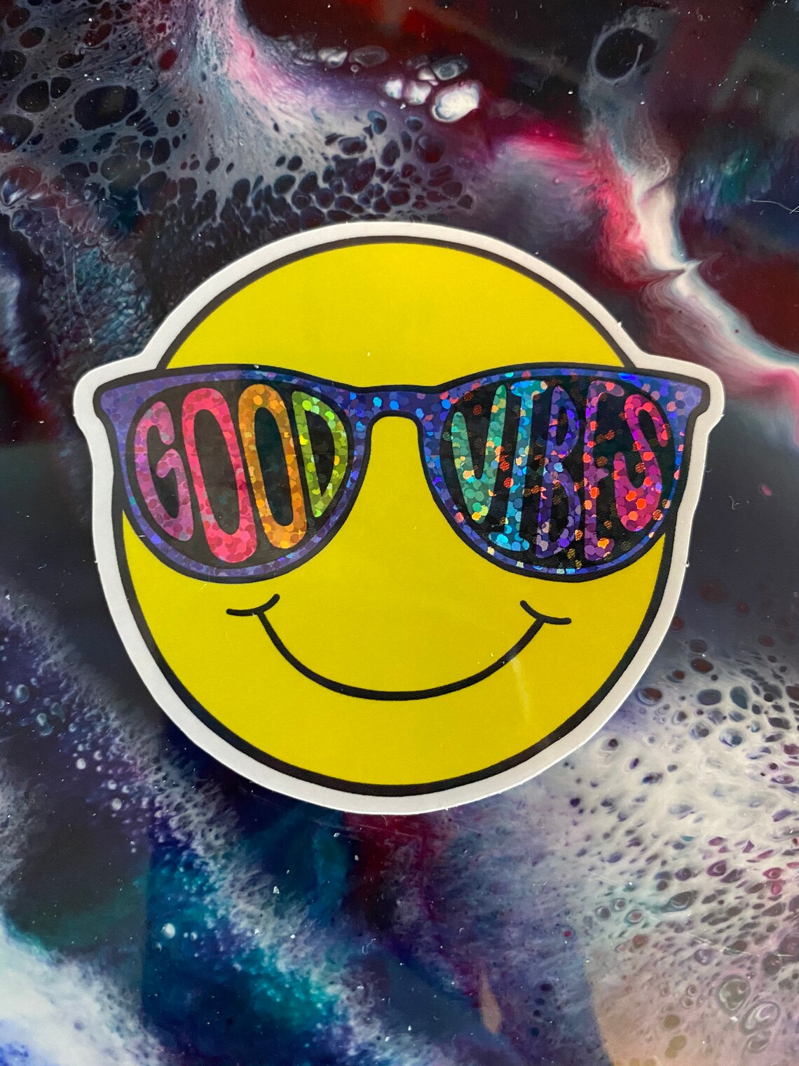 Waterproof Good Vibes Smiley Face Glitter Sticker Rainbow Car Etsy