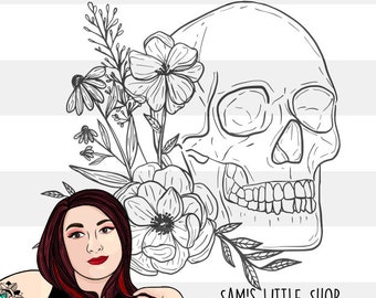 Ally Blumenschädel Gravurdatei - Gruselige Doodle-Dateien - Samantha's Doodles SVG-Gravurdatei - Halloween Designs - Schädel mit Blumen