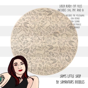 May include: A digital design with a circular pattern of woodland creatures and leaves. The design includes foxes, deer, squirrels, owls, and rabbits. Text reads "LASER READY CUT FILES" and "SAM'S LITTLE SHOP BY SAMANTHA'S DOODLES".