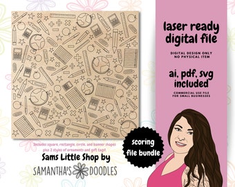 Back to School Doodle SCORING Pattern File Bundle - Laser Score Files - School Doodles - Paper, Pencils, Pens, Globe, Paper Clip, Calculator